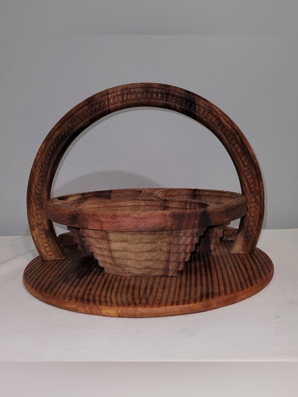 Hand Crafted Brown Wooden Collapsible Accordion Bowl Basket Artisan Vintage